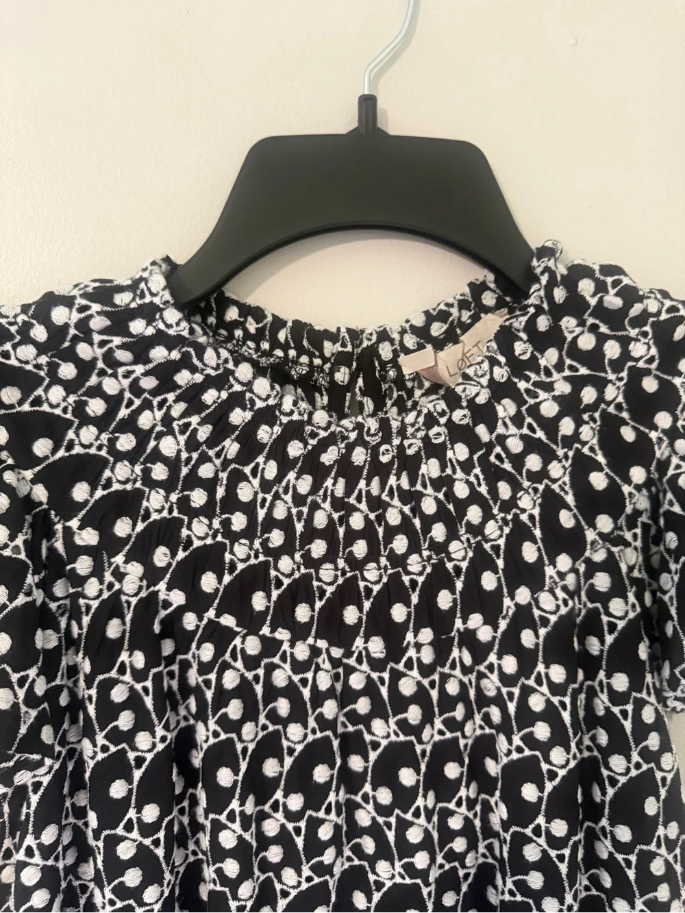 LOFT Black White Embroidery Eyelet Smocked Midi Dress flutter sleeve petite XS